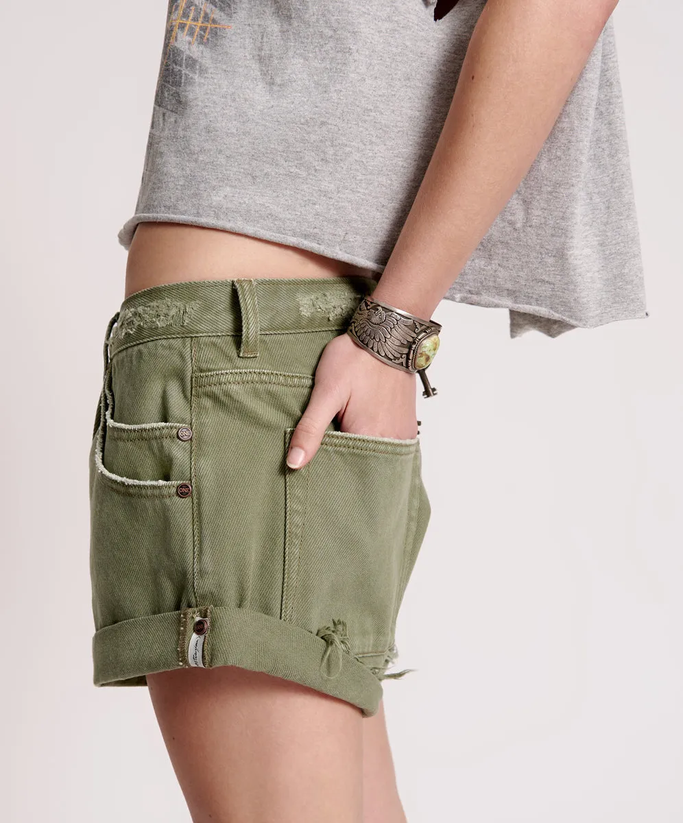 MILITARY KHAKI SMITHS TAILORED LOW WAIST DENIM SHORTS