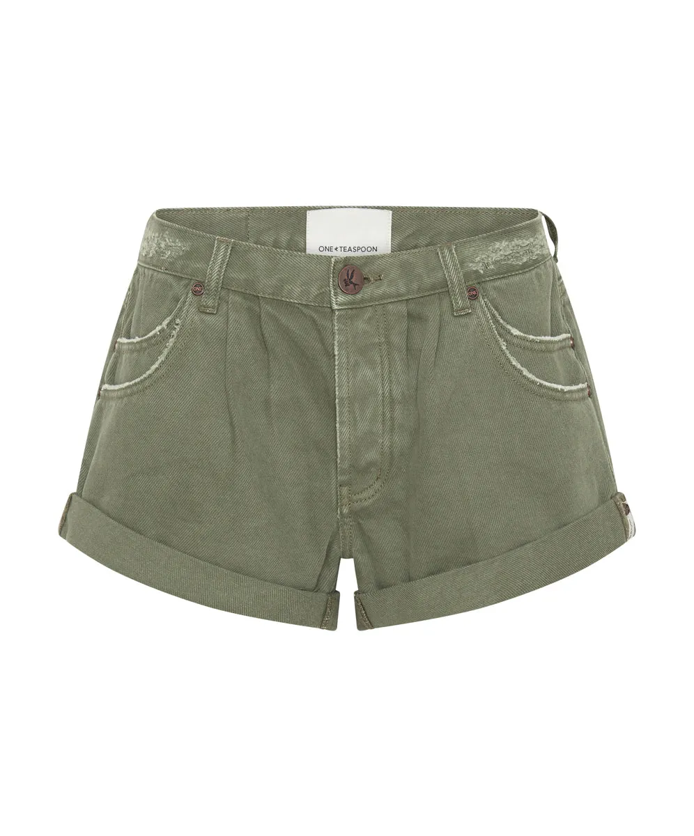MILITARY KHAKI SMITHS TAILORED LOW WAIST DENIM SHORTS