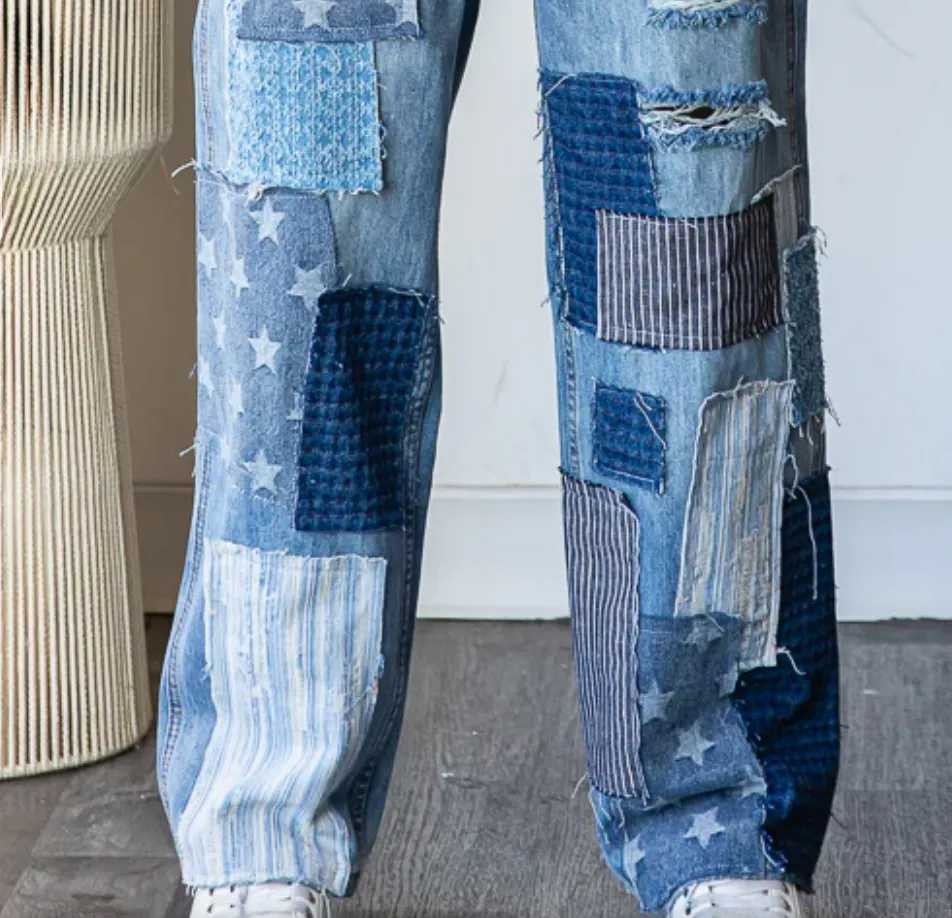 Mineral Washed Patchwork Jeans Denim Detail - Bootcut Jeans