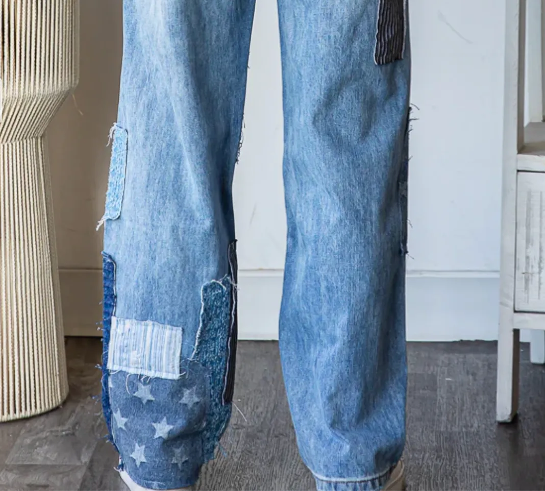 Mineral Washed Patchwork Jeans Denim Detail - Bootcut Jeans