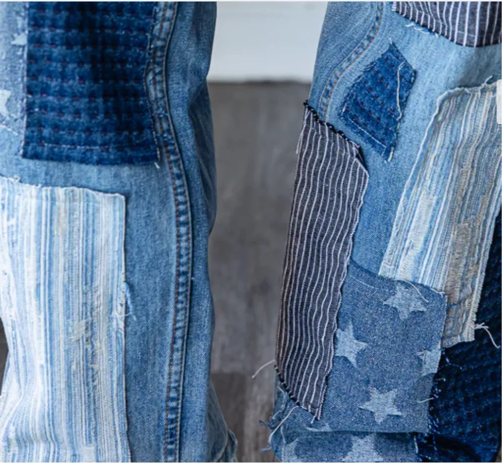 Mineral Washed Patchwork Jeans Denim Detail - Bootcut Jeans