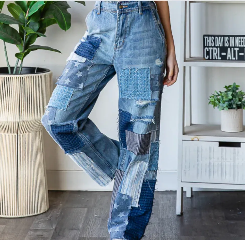 Mineral Washed Patchwork Jeans Denim Detail - Bootcut Jeans