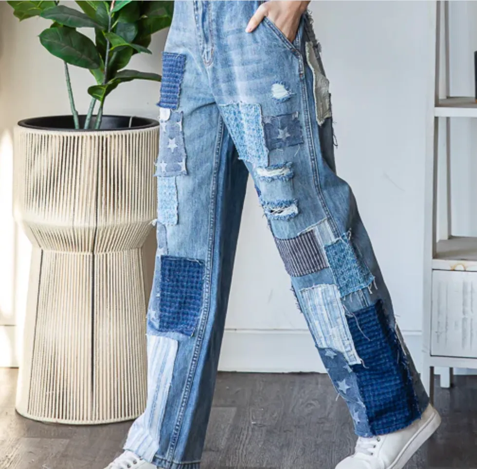 Mineral Washed Patchwork Jeans Denim Detail - Bootcut Jeans