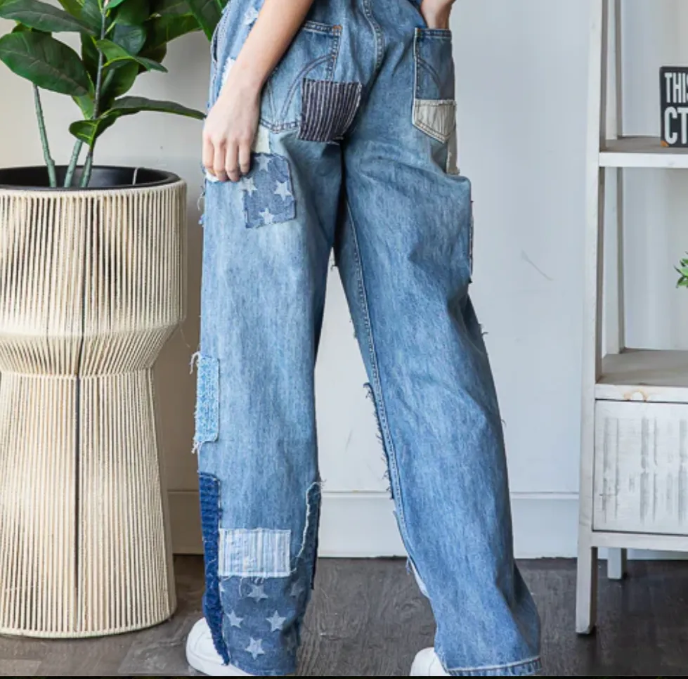 Mineral Washed Patchwork Jeans Denim Detail - Bootcut Jeans