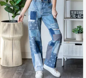 Mineral Washed Patchwork Jeans Denim Detail - Bootcut Jeans