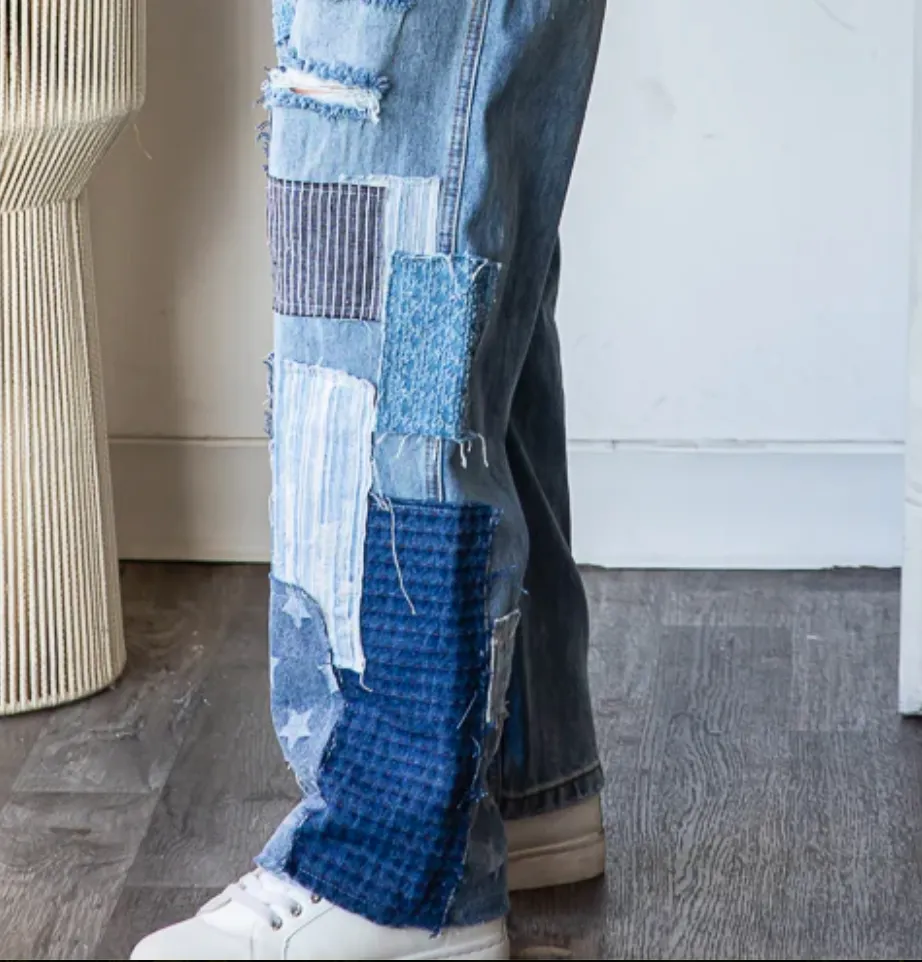 Mineral Washed Patchwork Jeans Denim Detail - Bootcut Jeans