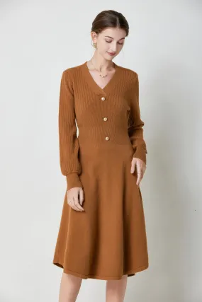 Nicola V-neck Puff Sleeve Stretch Knit Midi Dress