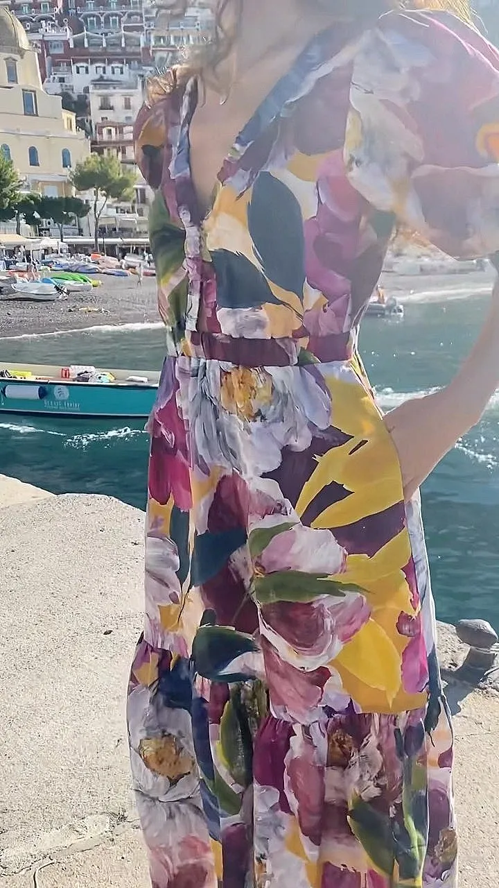 Oil Painting Print V-neck Dress