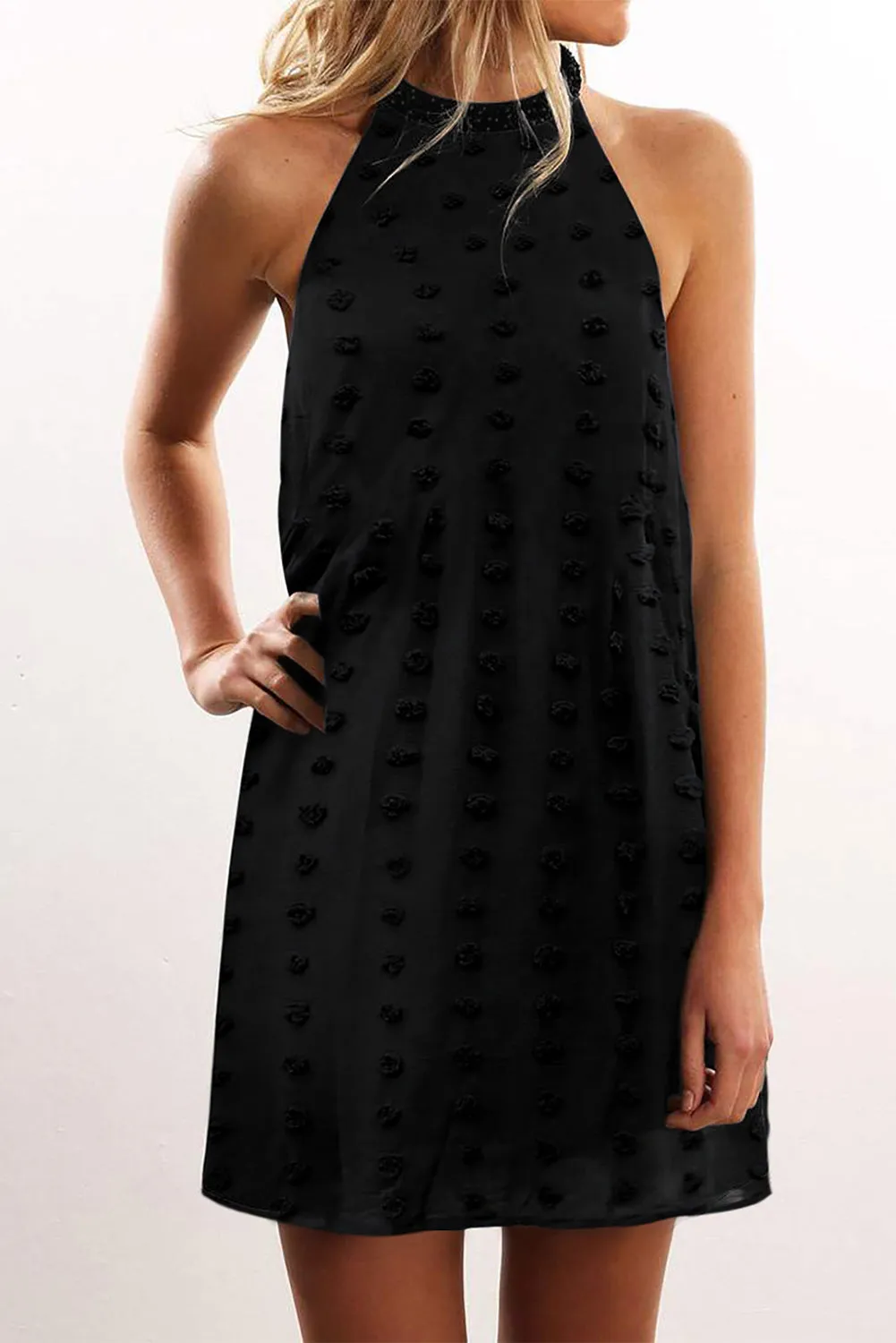 Pompom Mock Neck Sleeveless Shift Mini Dress