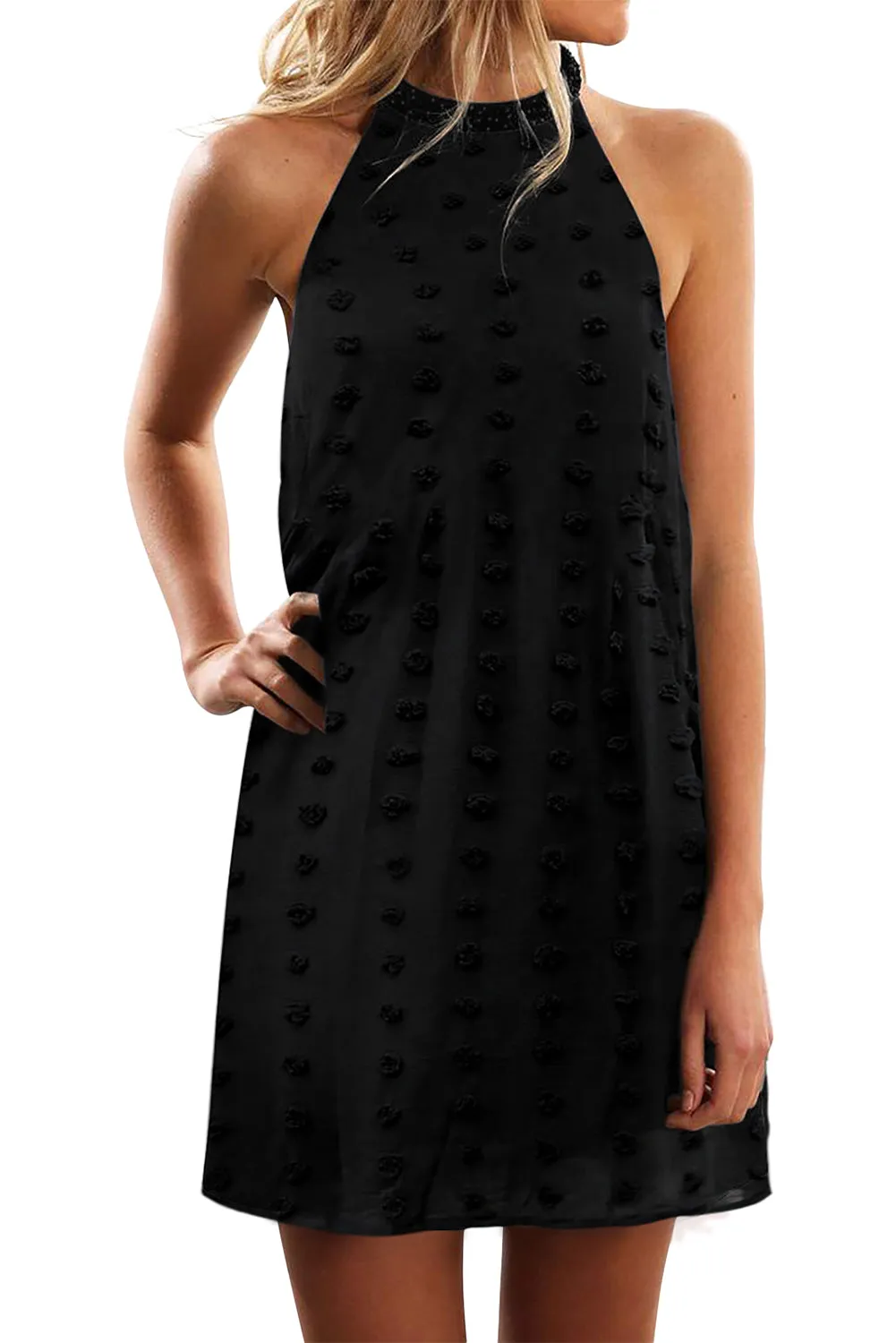 Pompom Mock Neck Sleeveless Shift Mini Dress
