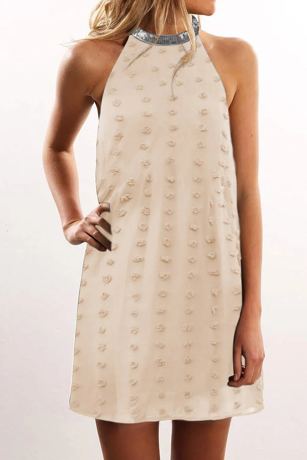 Pompom Mock Neck Sleeveless Shift Mini Dress