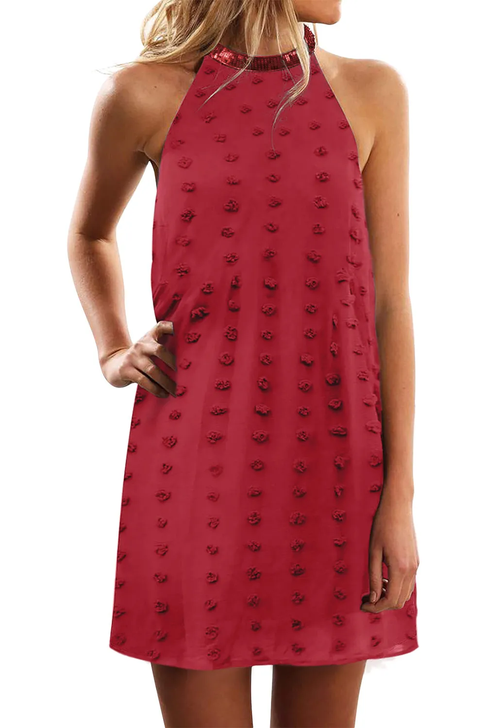Pompom Mock Neck Sleeveless Shift Mini Dress