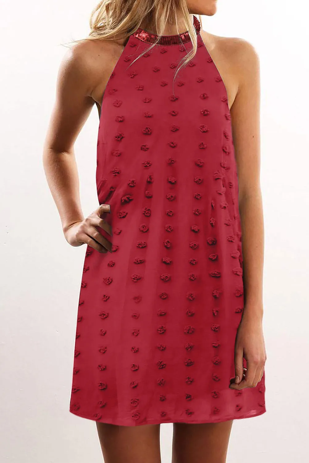 Pompom Mock Neck Sleeveless Shift Mini Dress