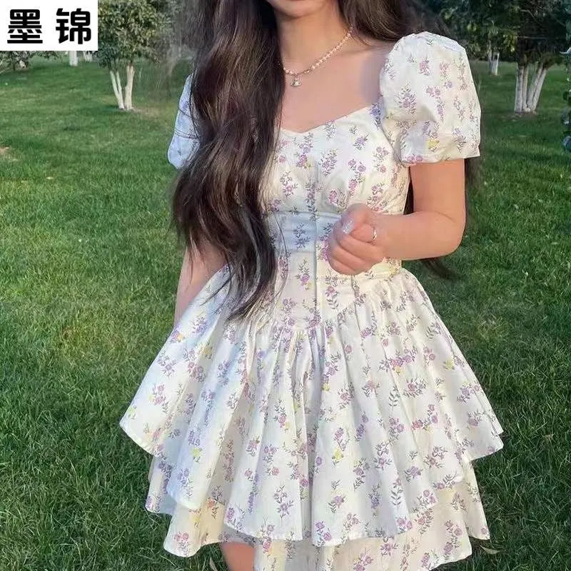 "Waist-cinching Off-shoulder Floral Dress with Puff Sleeves and Princess Style for 2023"