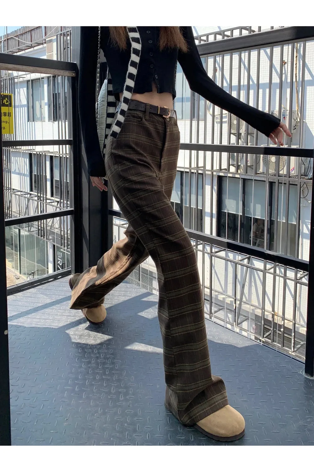 Retro High Waist Plaid Pants
