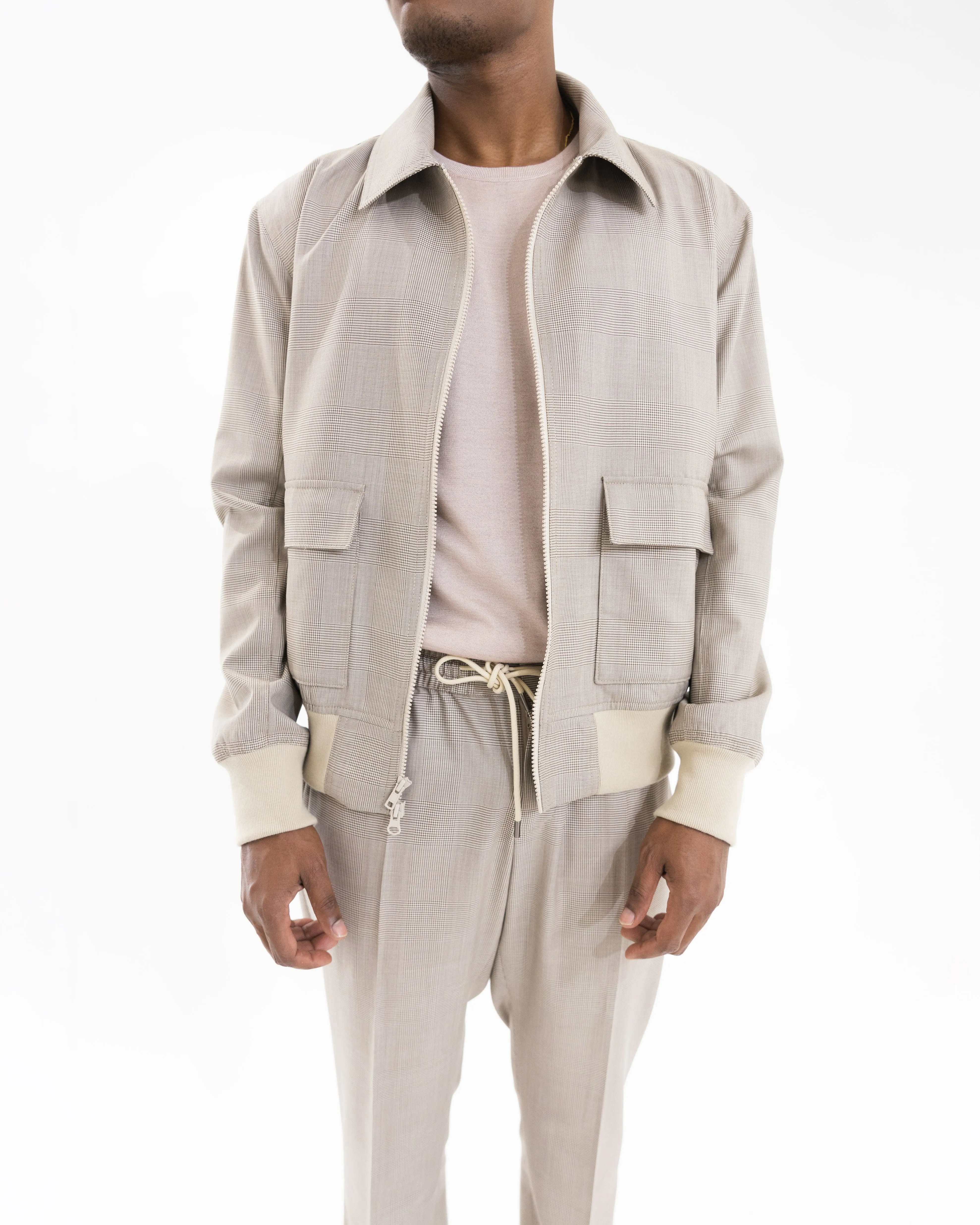 Sand Beige Oversized Pockets Super 160 Wool Bomber Jacket