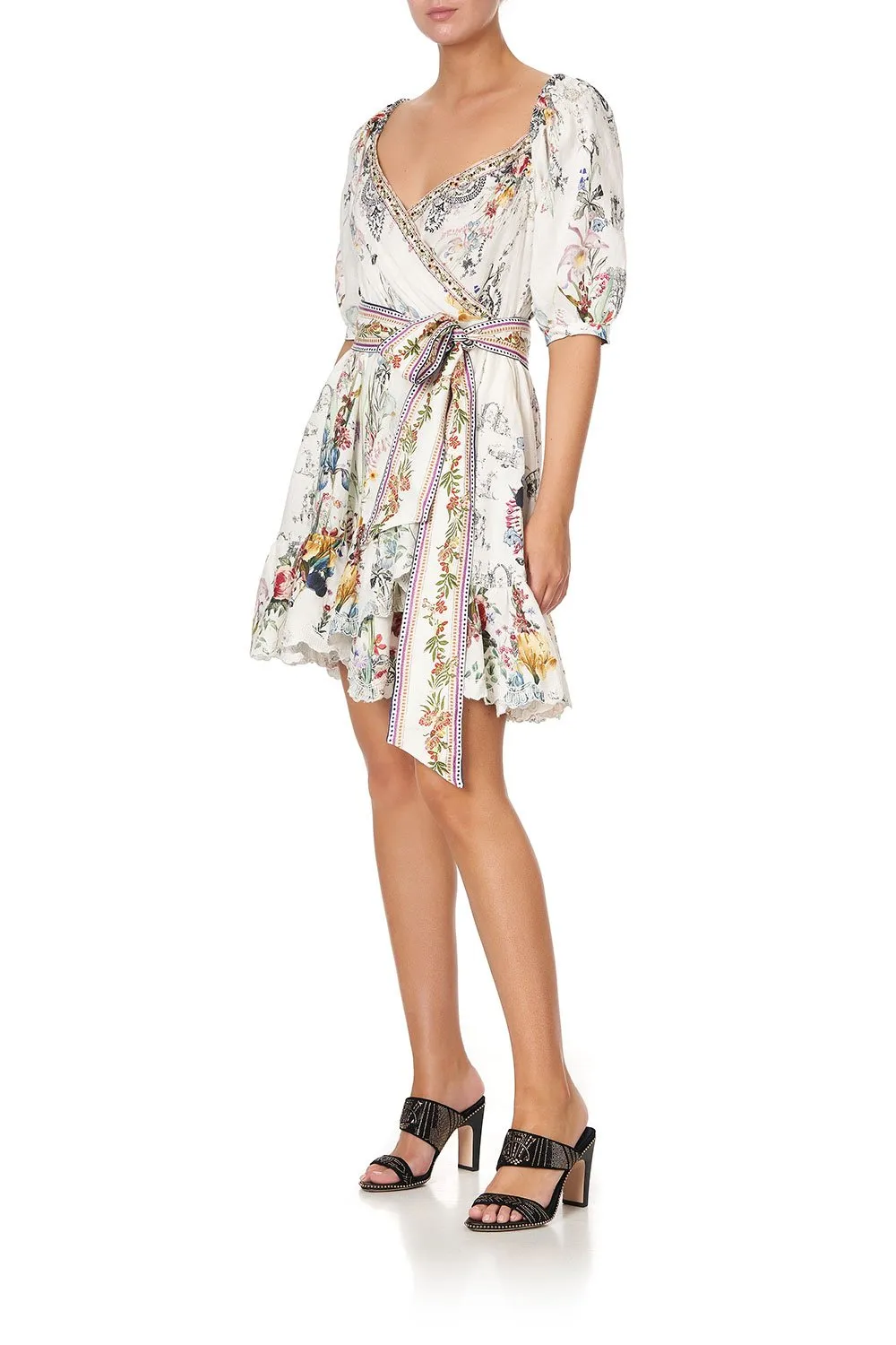 SHORT BLOUSON SLEEVE WRAP DRESS TRUE ROMANCE