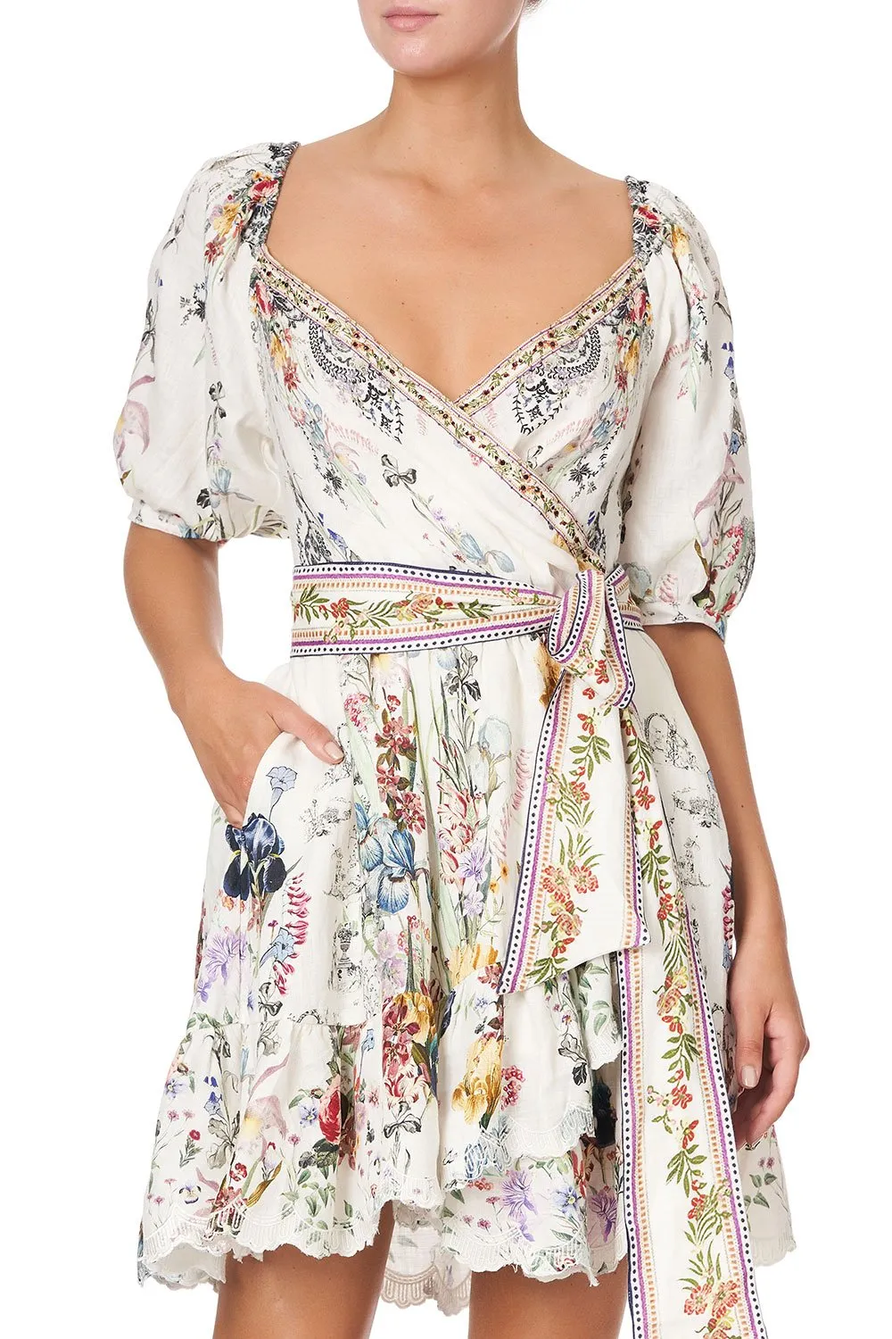 SHORT BLOUSON SLEEVE WRAP DRESS TRUE ROMANCE