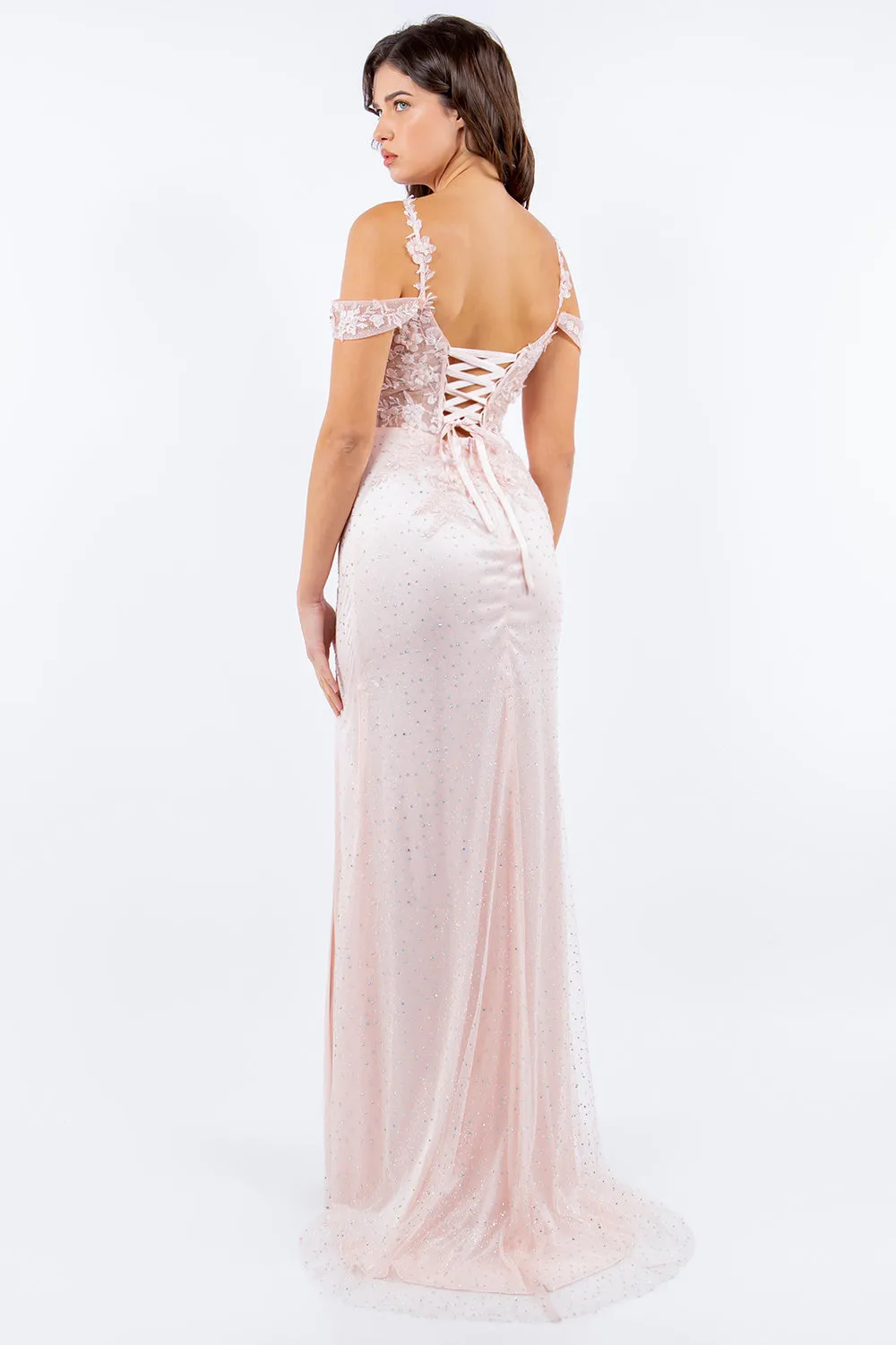 Side Slit Off Shoulder Embroidered Lace Bodice Long Prom Dress