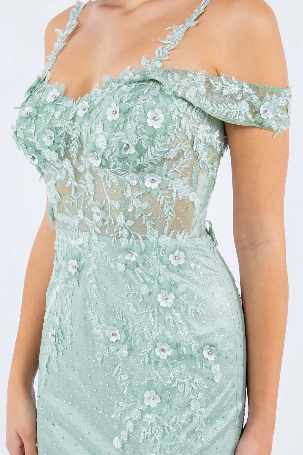 Side Slit Off Shoulder Embroidered Lace Bodice Long Prom Dress