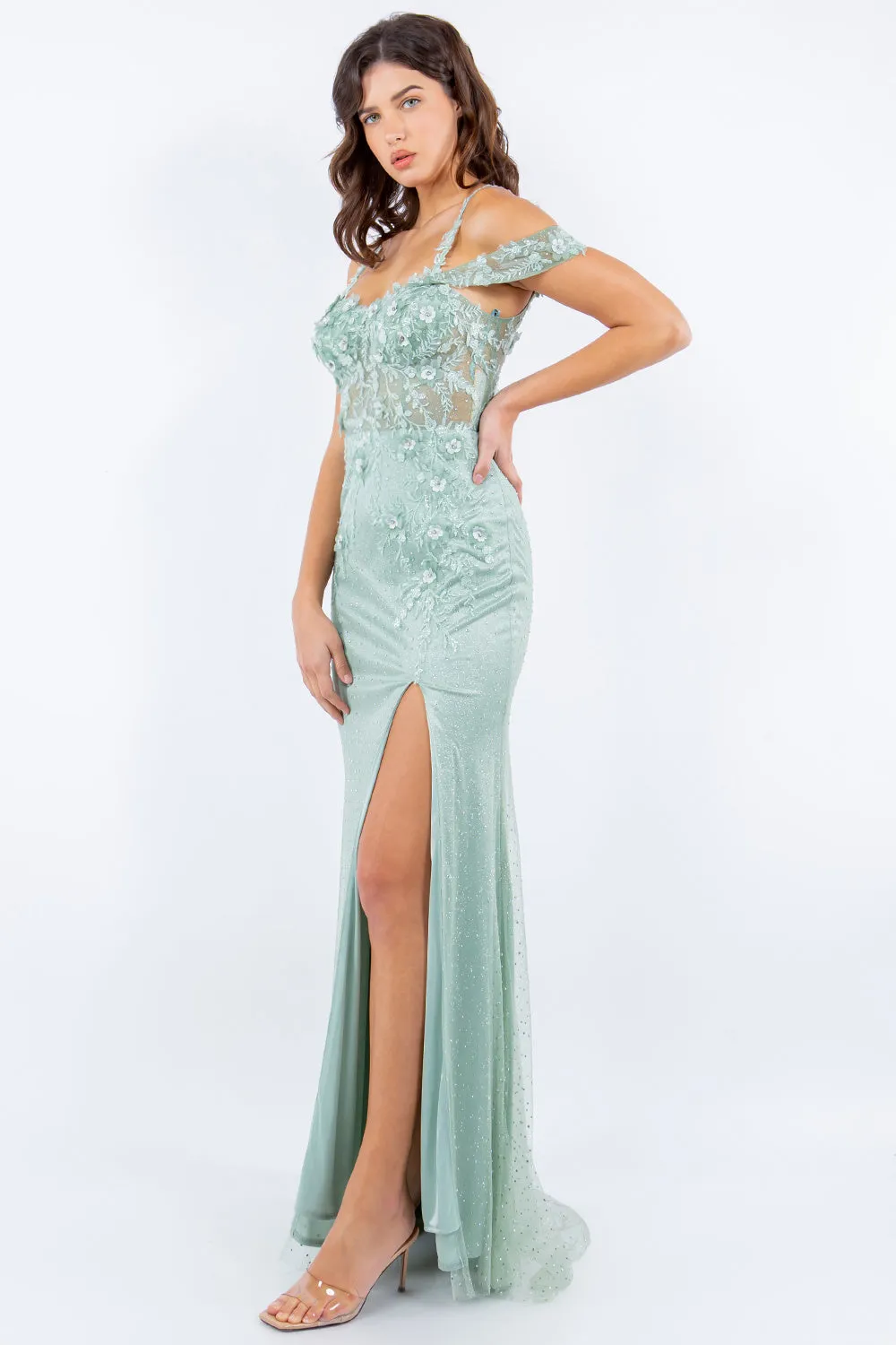 Side Slit Off Shoulder Embroidered Lace Bodice Long Prom Dress