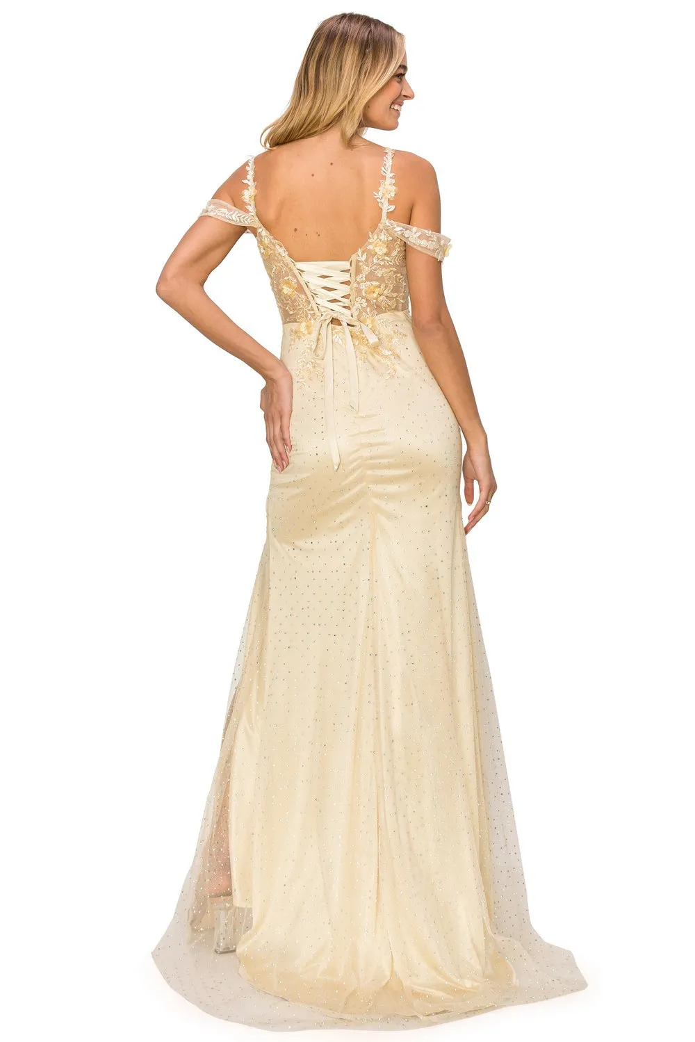 Side Slit Off Shoulder Embroidered Lace Bodice Long Prom Dress