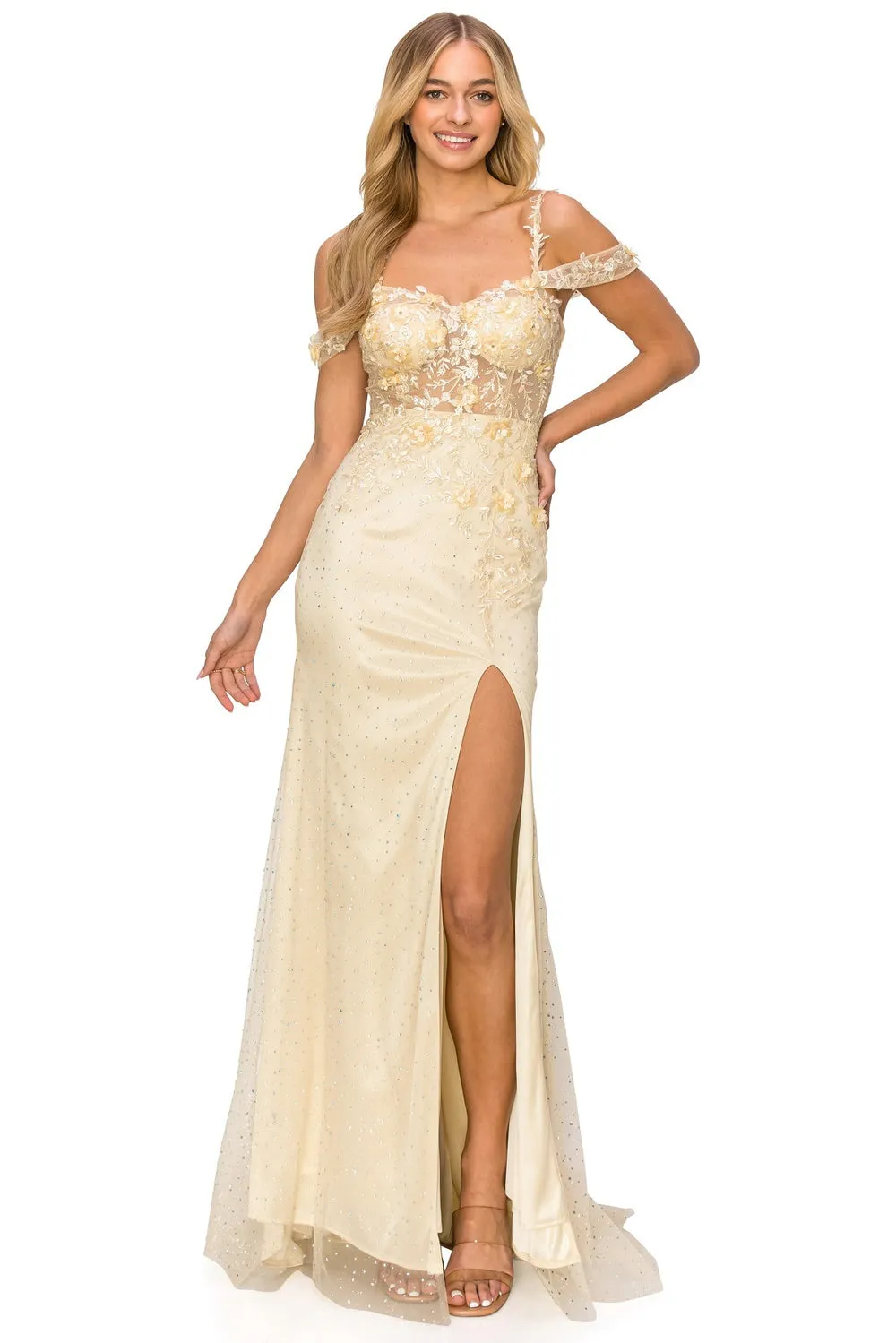 Side Slit Off Shoulder Embroidered Lace Bodice Long Prom Dress