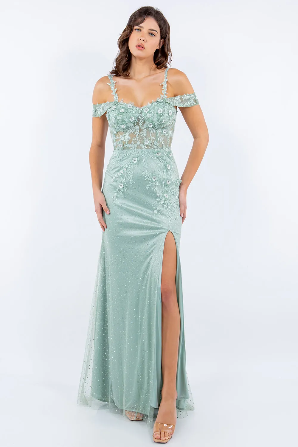 Side Slit Off Shoulder Embroidered Lace Bodice Long Prom Dress