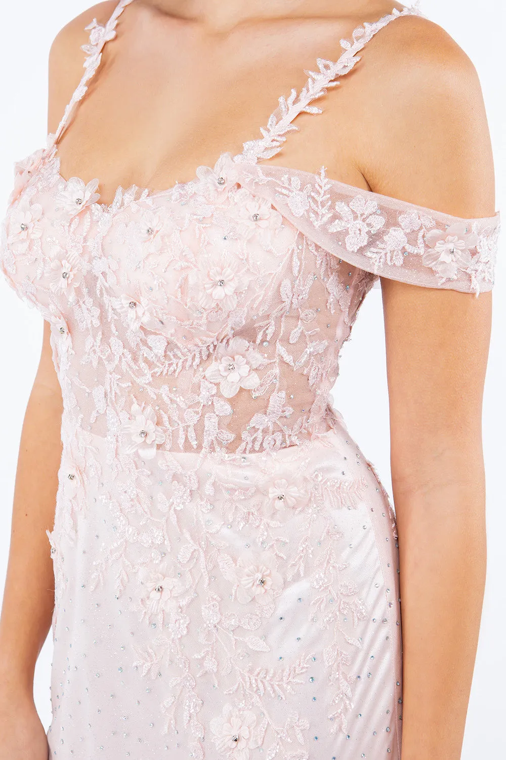 Side Slit Off Shoulder Embroidered Lace Bodice Long Prom Dress