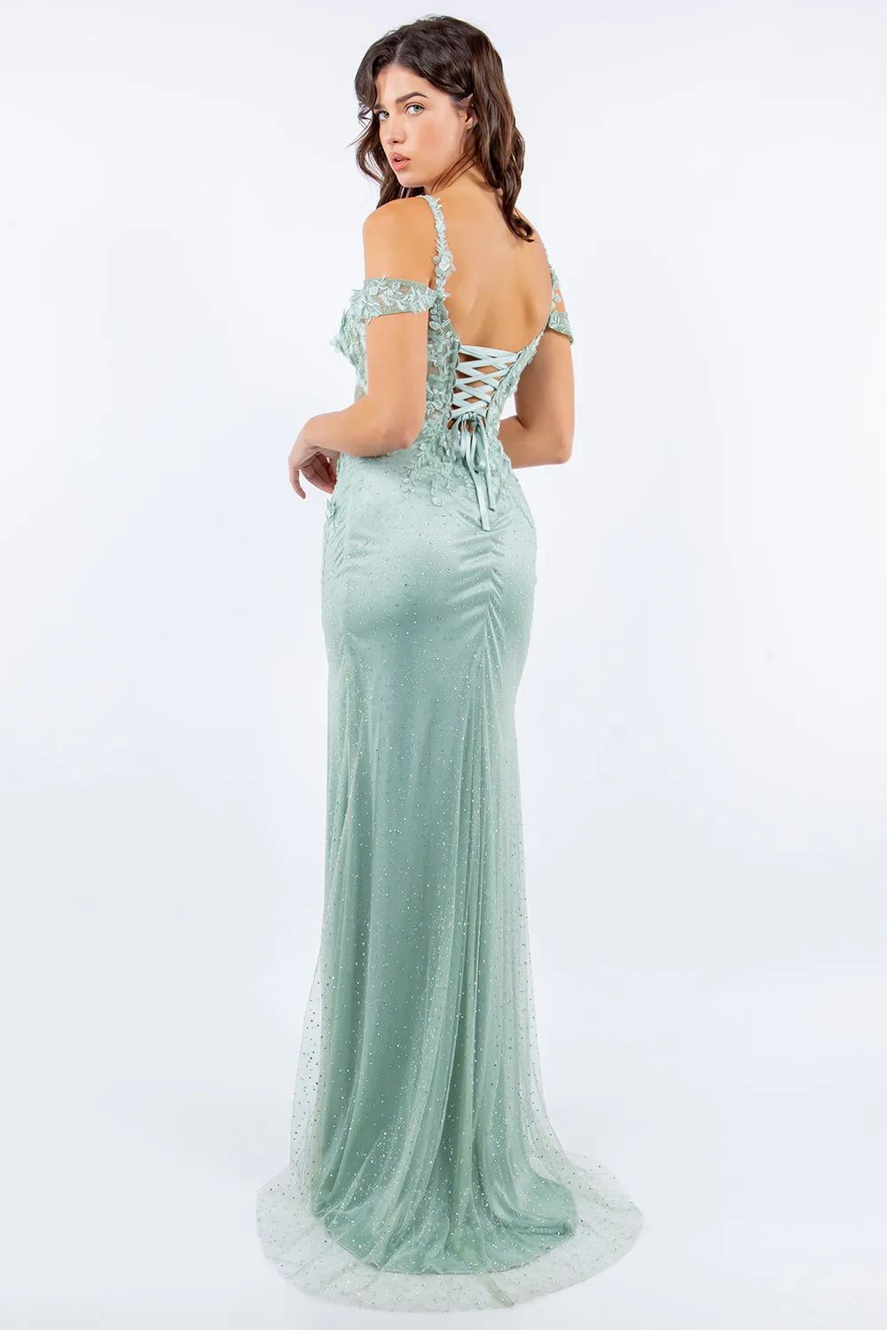Side Slit Off Shoulder Embroidered Lace Bodice Long Prom Dress