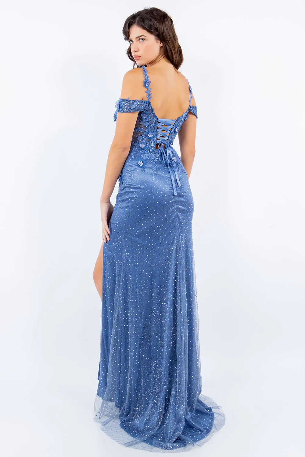 Side Slit Off Shoulder Embroidered Lace Bodice Long Prom Dress