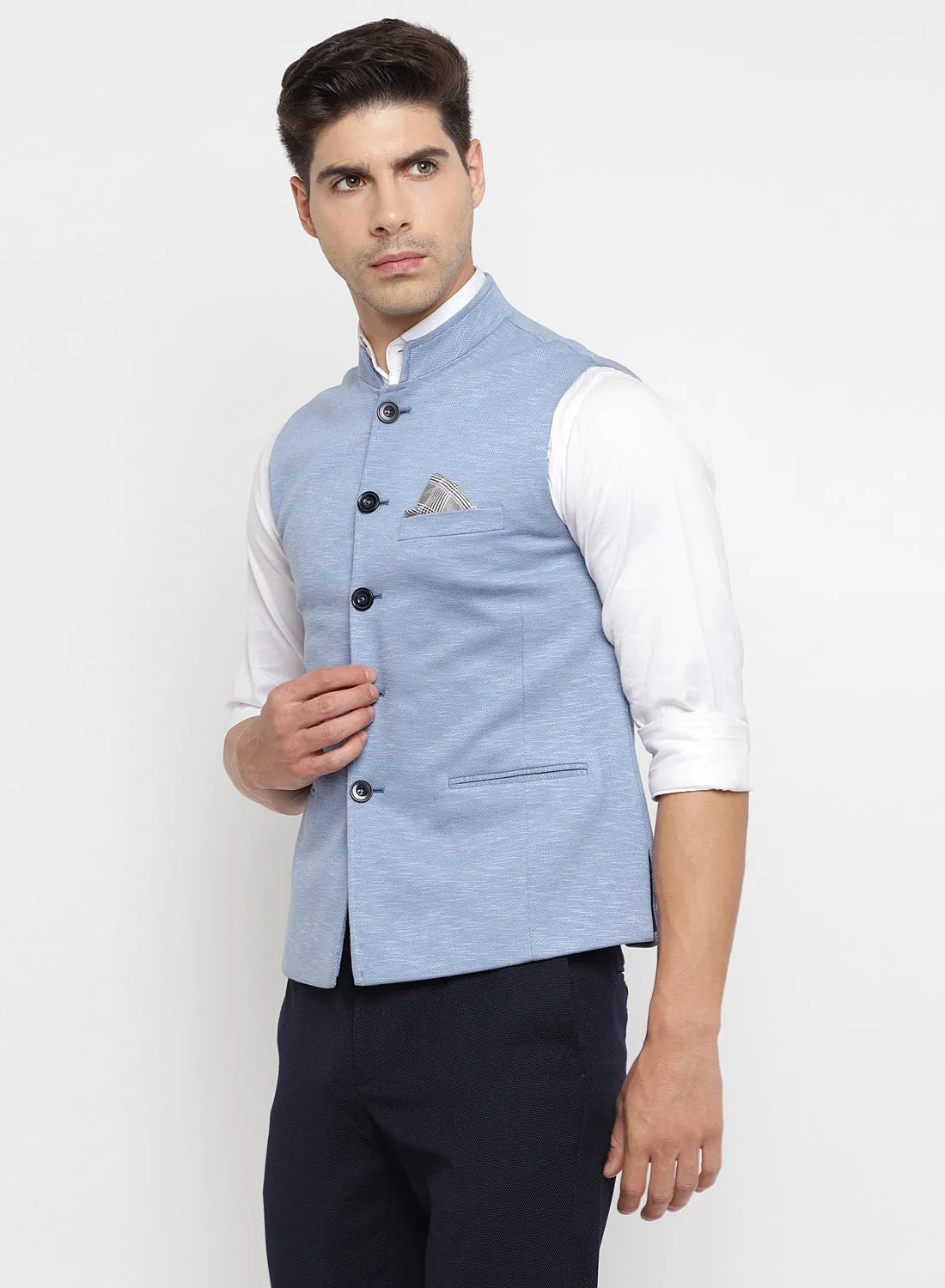 Sky Blue Knit Solid Nehru Jacket