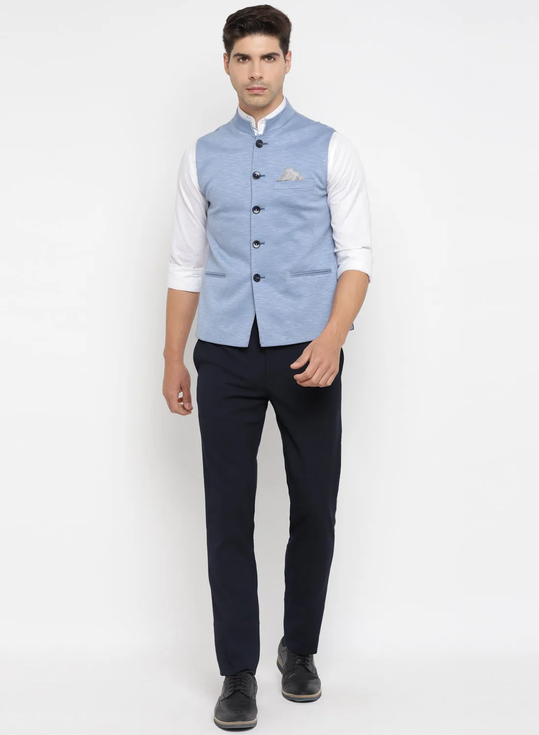 Sky Blue Knit Solid Nehru Jacket