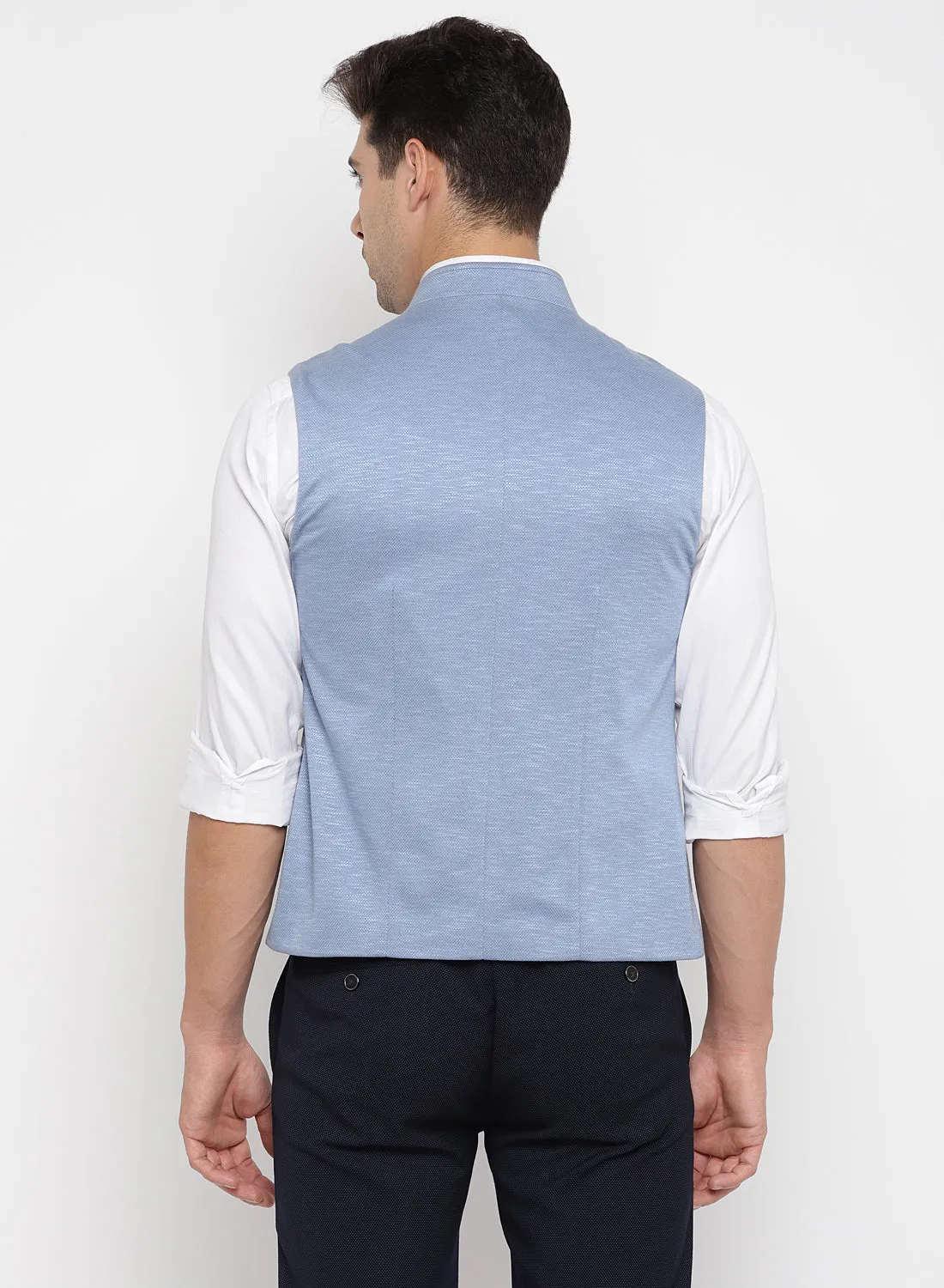 Sky Blue Knit Solid Nehru Jacket