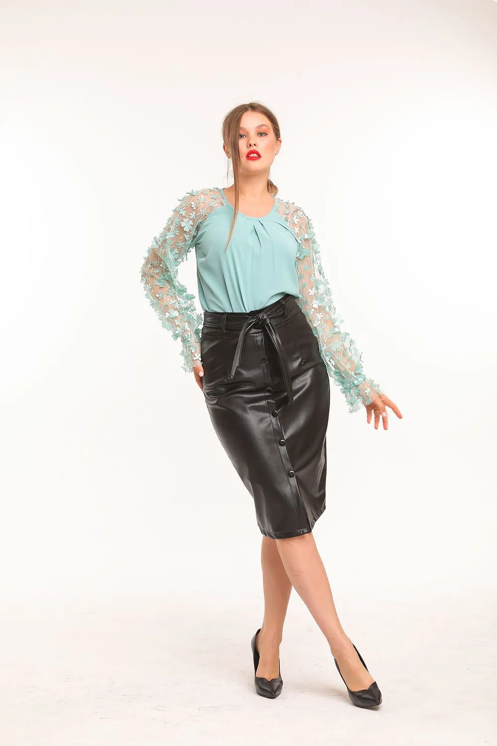 SNS Sense Black Belted Front Buttoned Leather Skirt - Lokeren