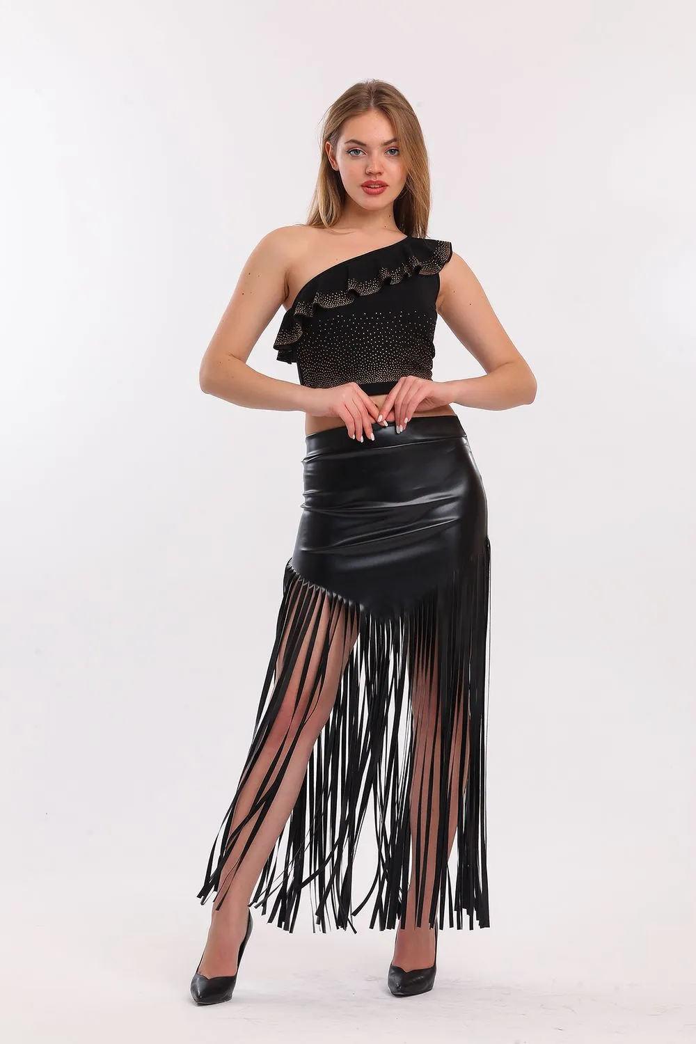 SNS Sense Black Fringed Leather Skirt - Town Country