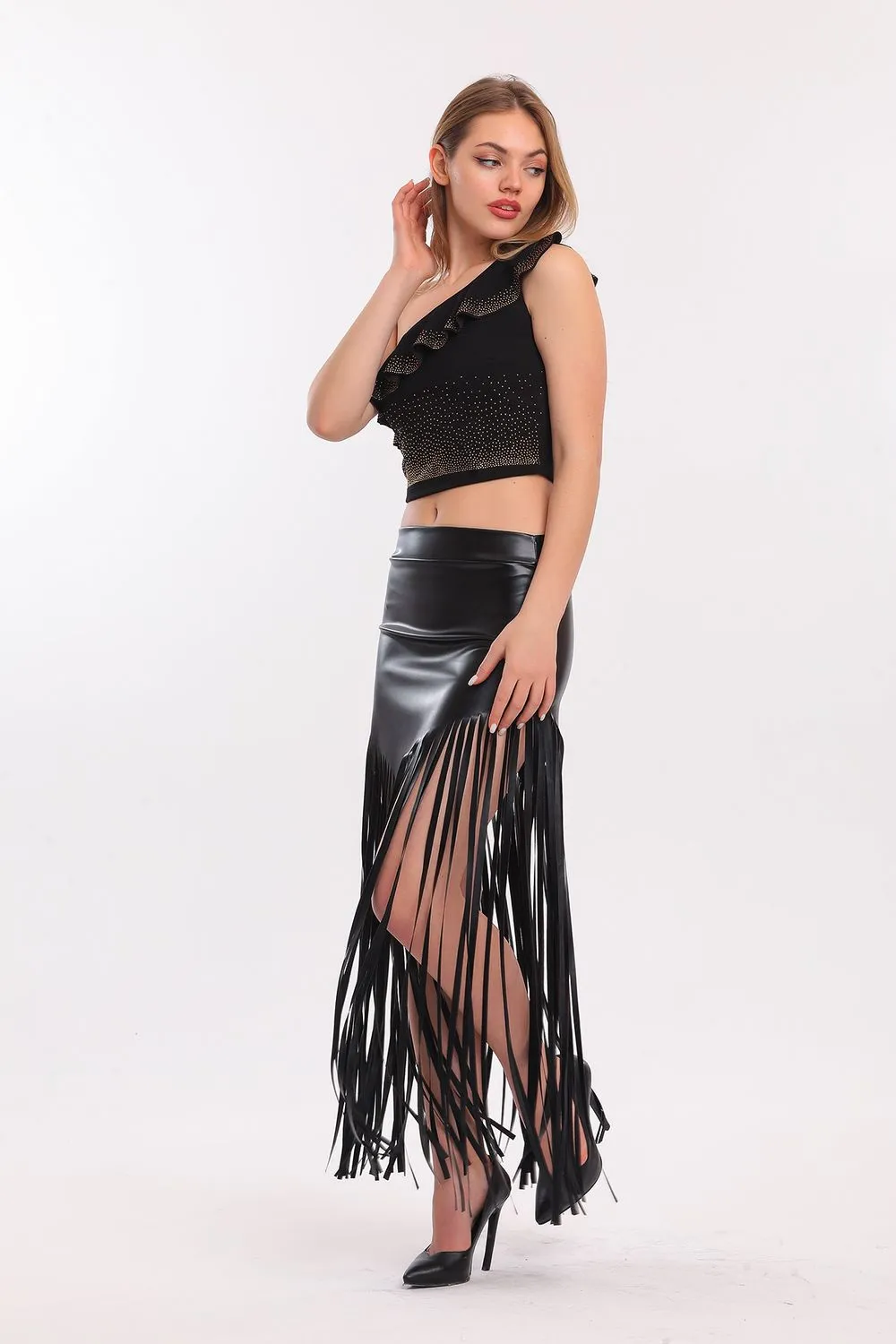 SNS Sense Black Fringed Leather Skirt - Town Country