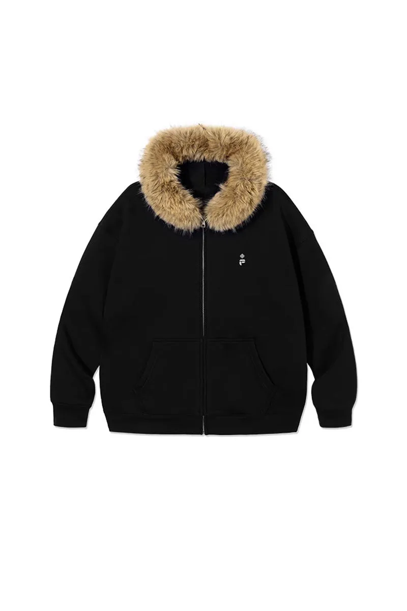 Soft Knit Mid-Length Fleece Zip-Up Hoodie with Fur Trim