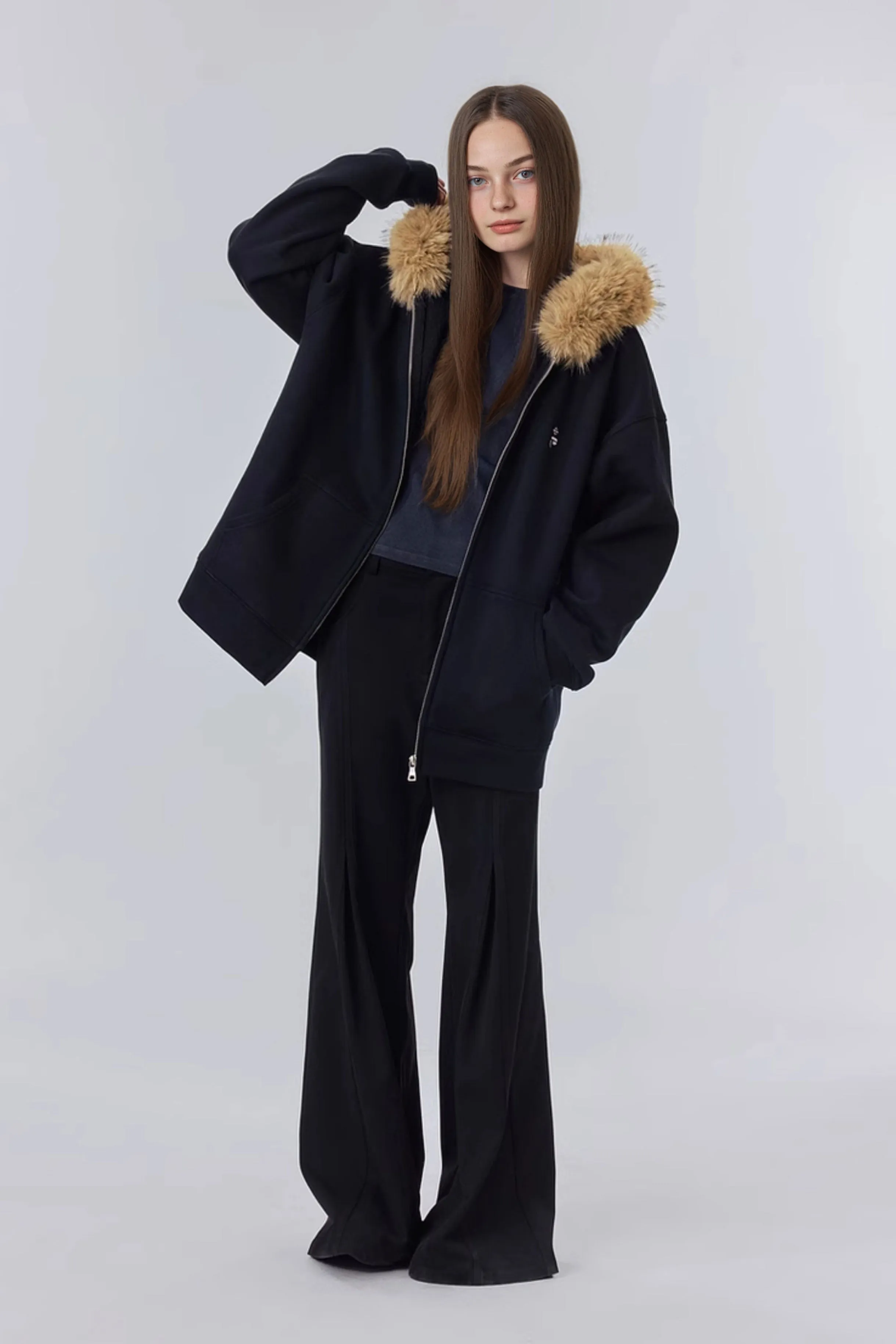 Soft Knit Mid-Length Fleece Zip-Up Hoodie with Fur Trim