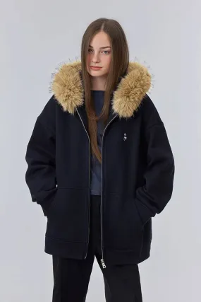 Soft Knit Mid-Length Fleece Zip-Up Hoodie with Fur Trim