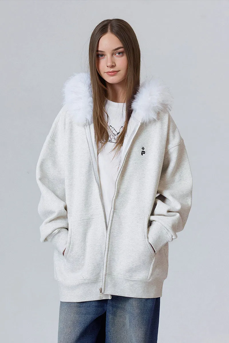 Soft Knit Mid-Length Fleece Zip-Up Hoodie with Fur Trim