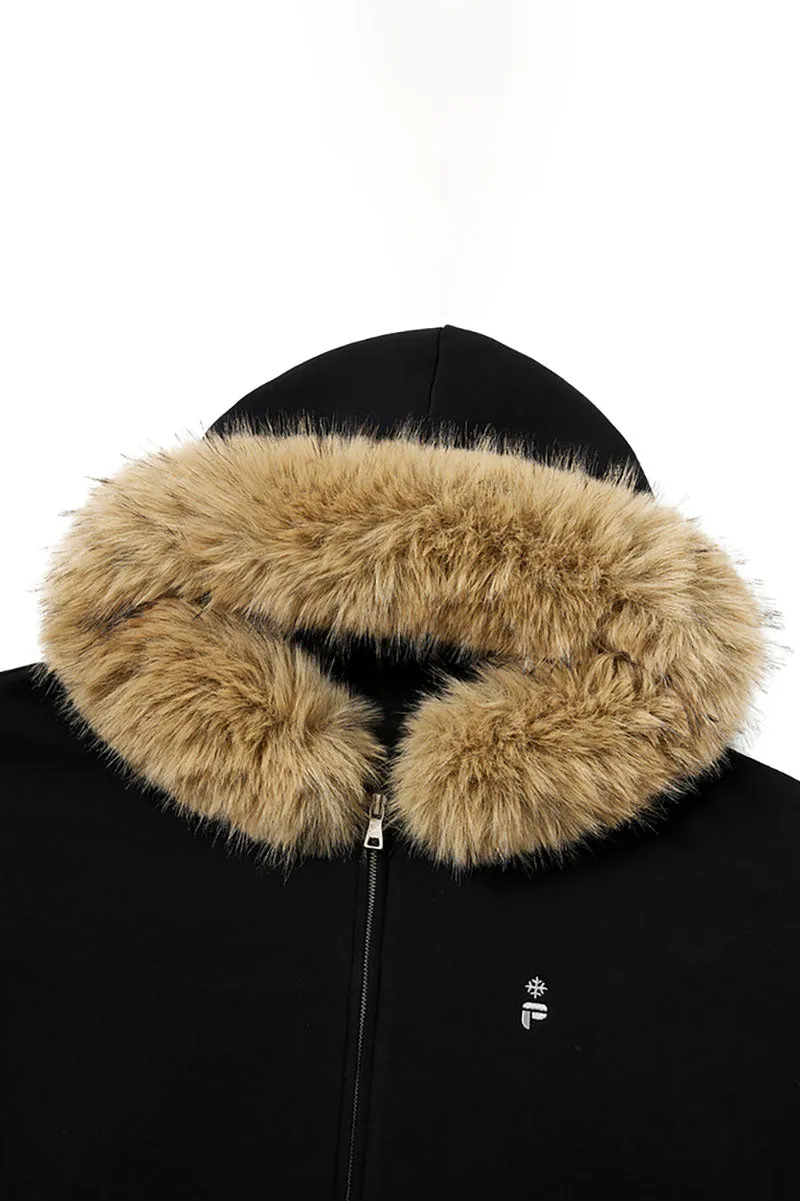 Soft Knit Mid-Length Fleece Zip-Up Hoodie with Fur Trim