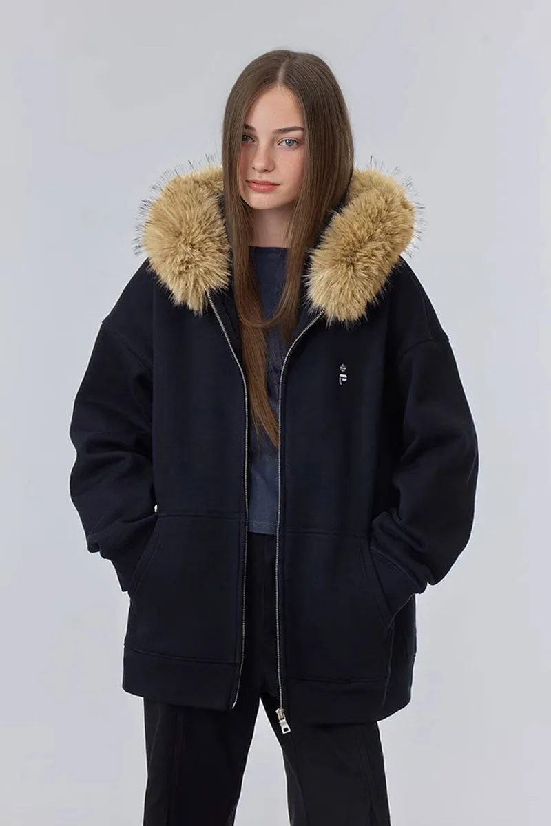 Soft Knit Mid-Length Fleece Zip-Up Hoodie with Fur Trim
