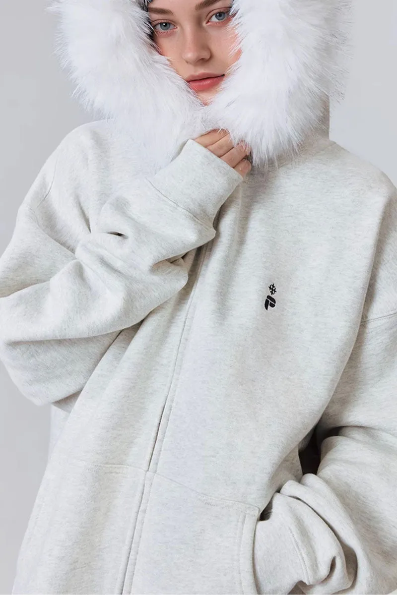 Soft Knit Mid-Length Fleece Zip-Up Hoodie with Fur Trim