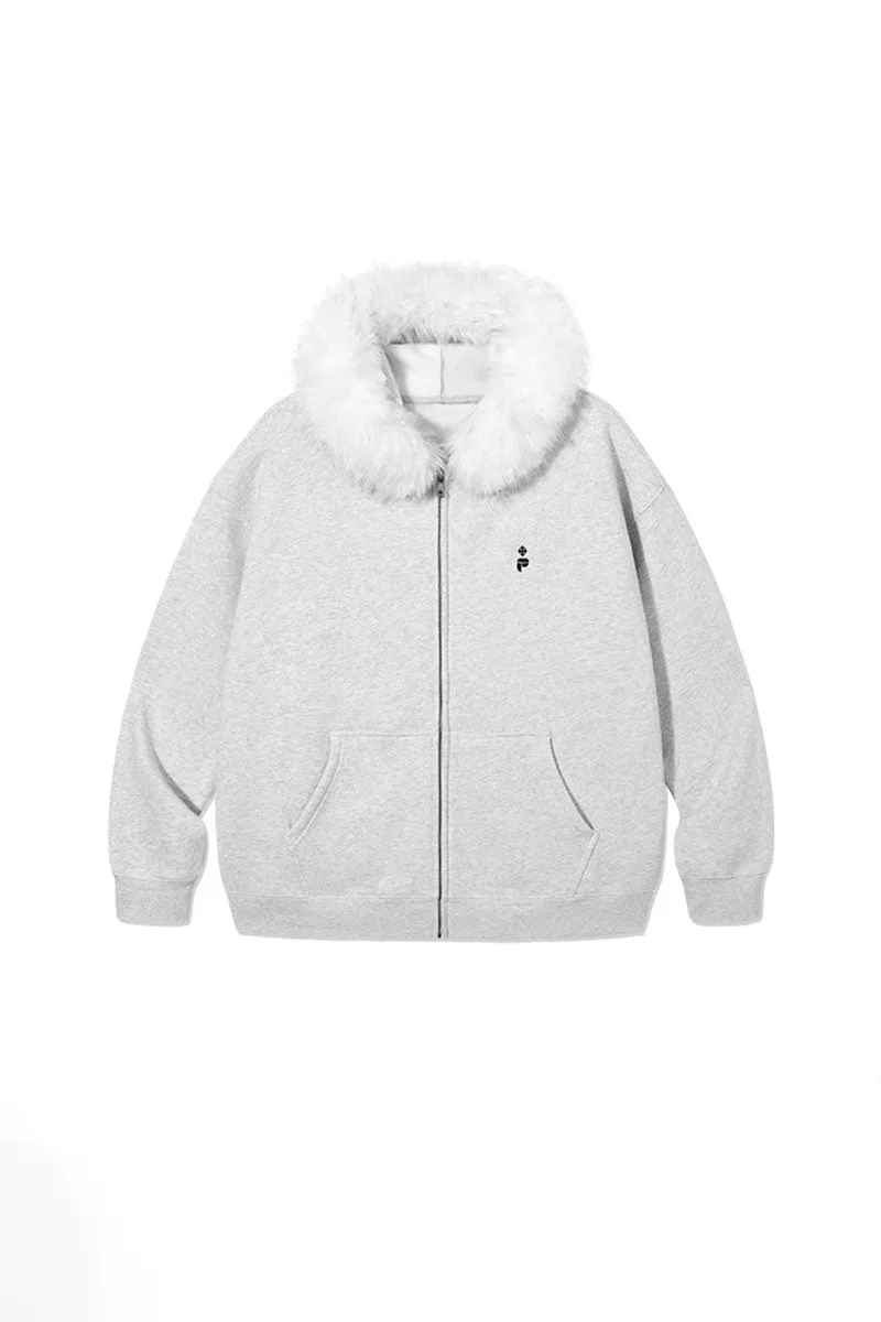 Soft Knit Mid-Length Fleece Zip-Up Hoodie with Fur Trim