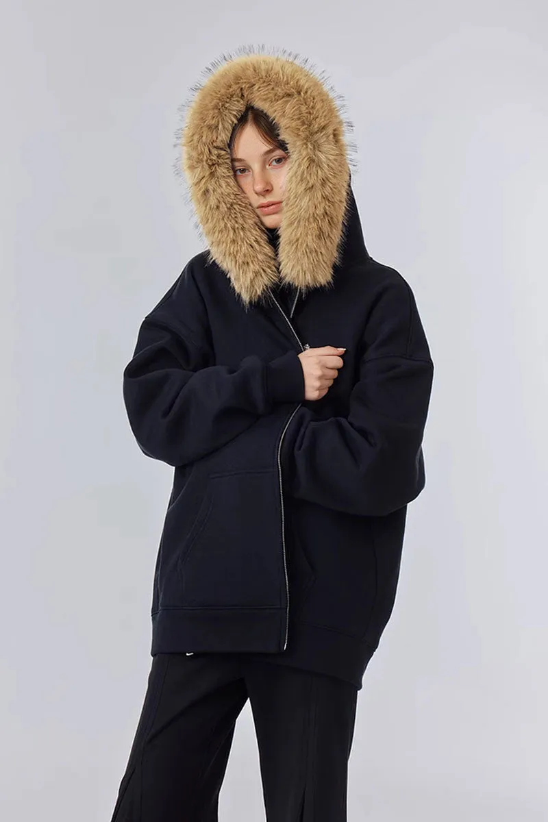 Soft Knit Mid-Length Fleece Zip-Up Hoodie with Fur Trim
