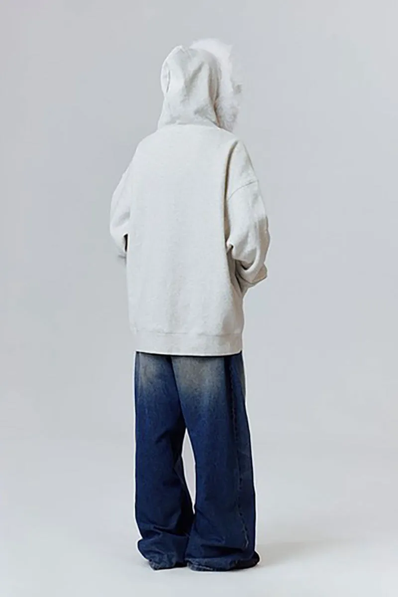 Soft Knit Mid-Length Fleece Zip-Up Hoodie with Fur Trim