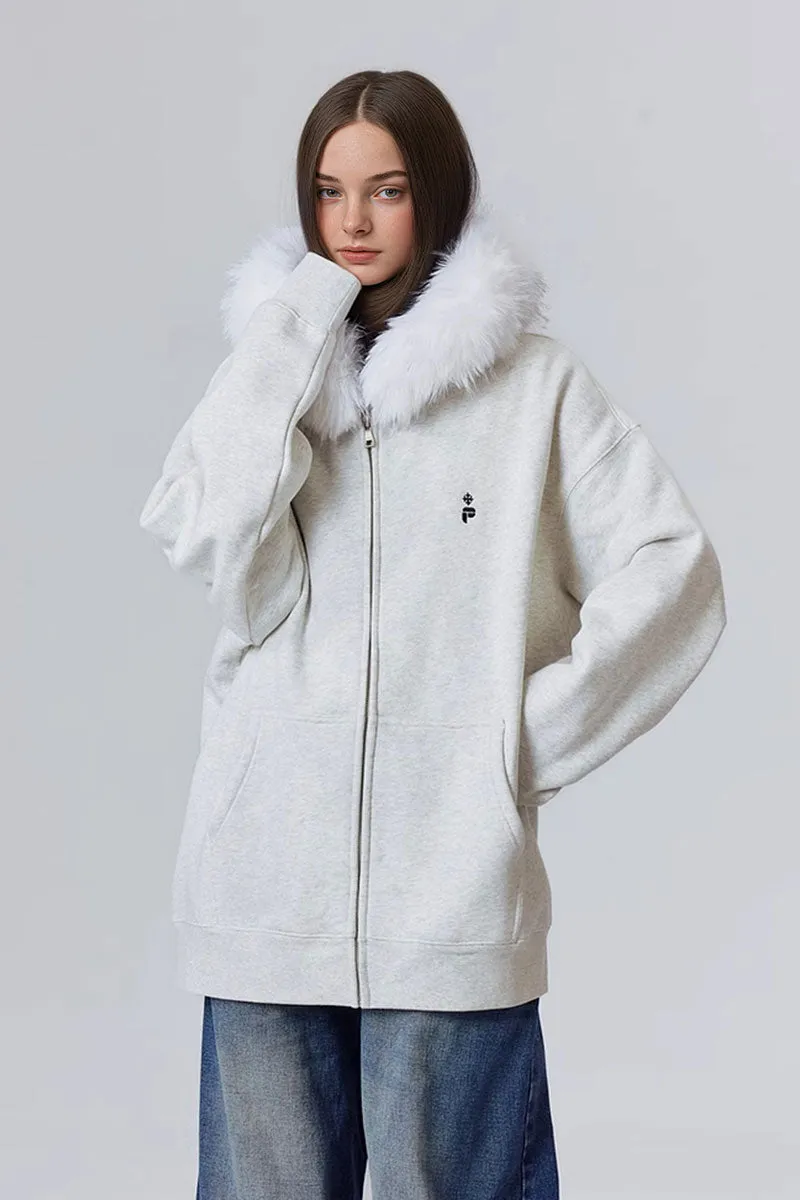 Soft Knit Mid-Length Fleece Zip-Up Hoodie with Fur Trim