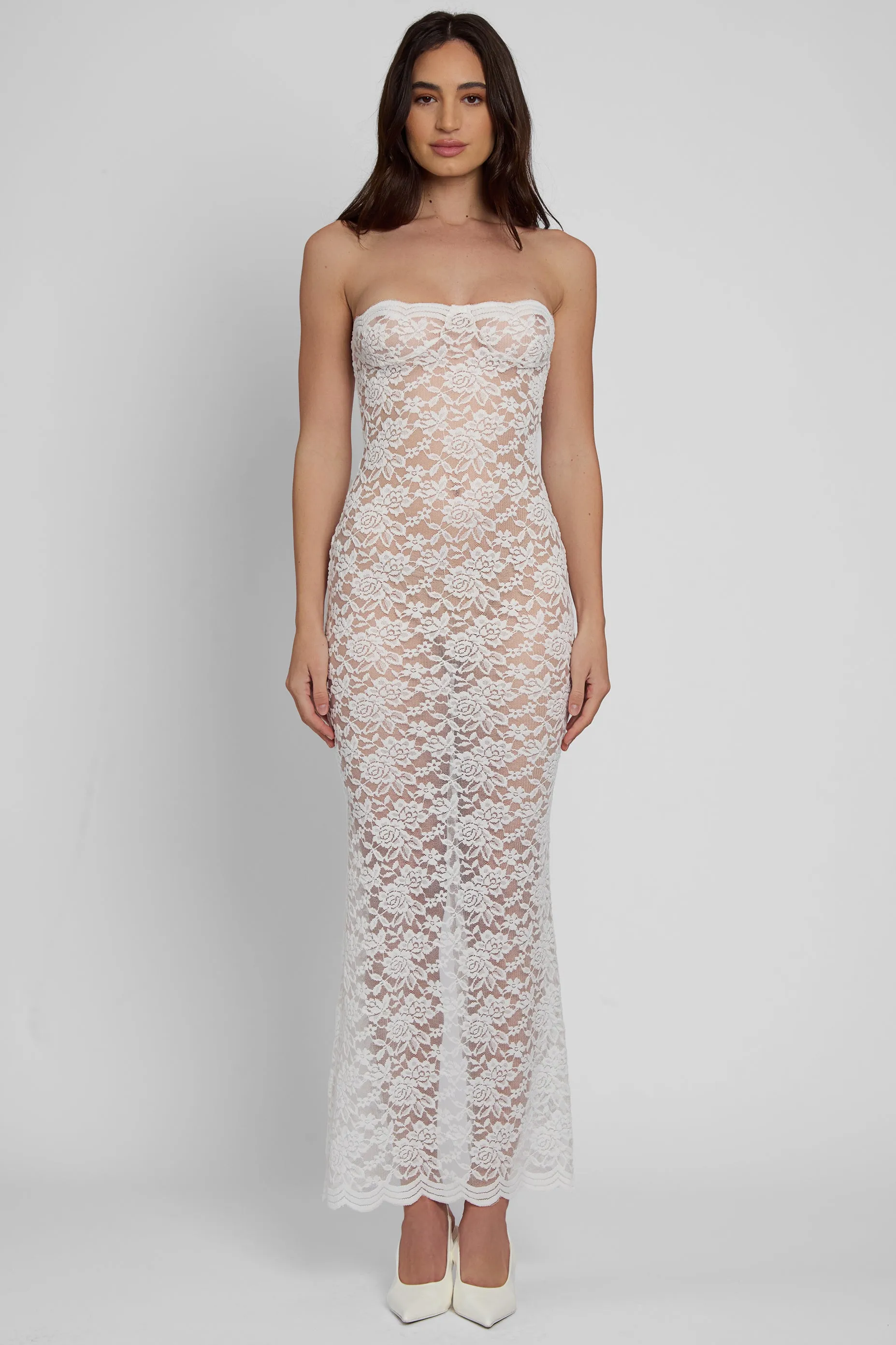 Soleil Scalloped Lace Midi Dress - White