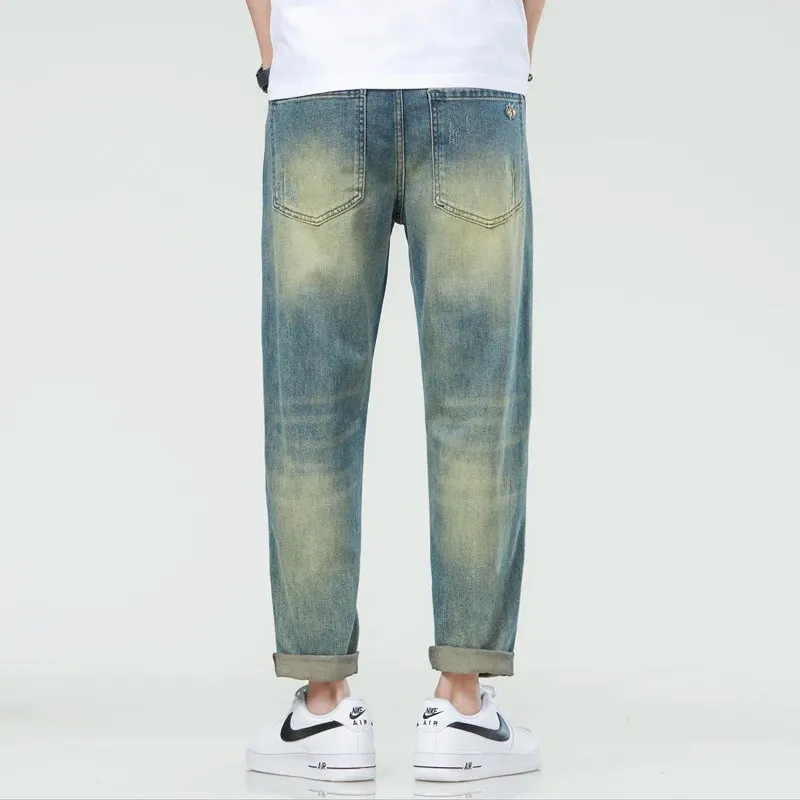 Stretch Jeans Men Harem Pants Retro Blue Tapered 2024 Summer Ankle Length Streetwear Scratches Men's Clothing Cropped Jeans